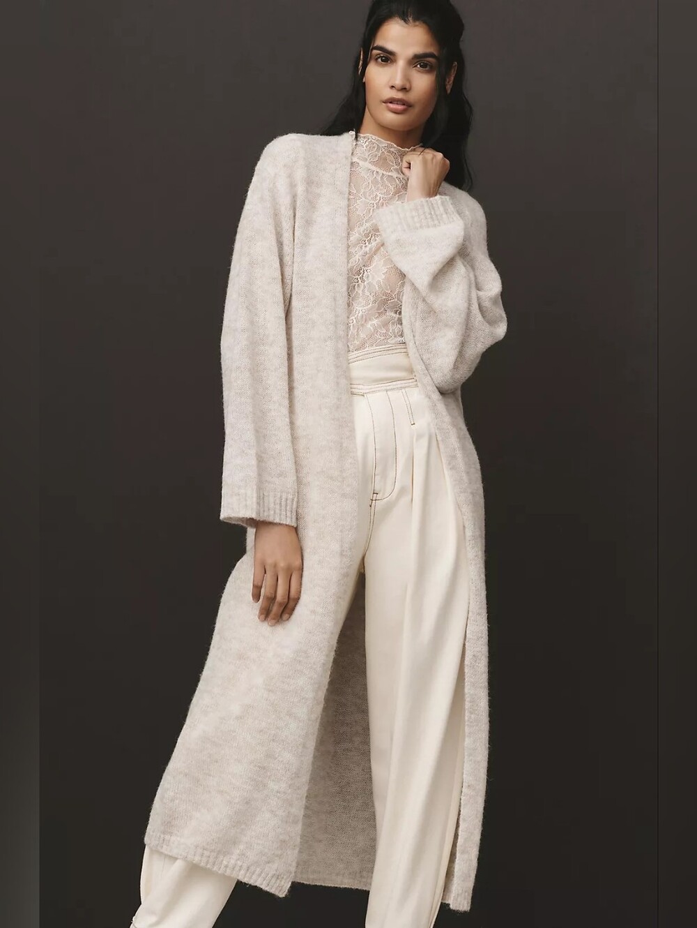 Anthropologie Longline Open Front Duster Cardigan Neutral One Size NWT